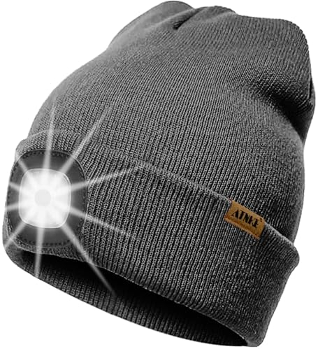 ATNKE LED Beleuchtete Mütze mit Licht,Wiederaufladbare USB 4 LED Beleuchtete Laufmütze Extrem Heller Lampe Winter Warme Stricken Mütze Technik Geschenke für Herren und Damen/Dark Grey