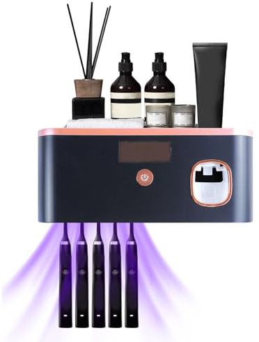 UV-Zahnbürstenhalter, UV-Sterilisator, Zahnbürstenhalter, Sterilisator für elektrische Zahnbürste mit Zahnpastaspender, Zahnbürstenhalter Wand für 5 Zahnbürsten (Schwarz und Gold)
