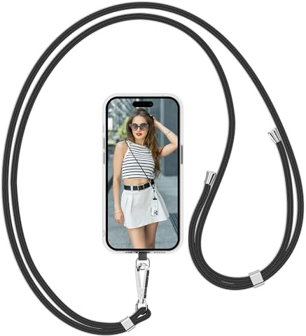 Flyzoo Handykette Universal, Handy Kordel aus Robust Nylon, Einstellbar Crossbody Handyschnur & Handy Band zum Umhängen, Kompatibel mit Jedem Smartphones für Meisten Handyhüllen -Ohne Hülle (Schwarz)