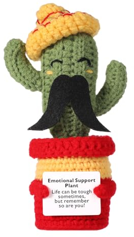 Lustiger Positiver Kaktus, 17cm Positiver Kartoffel Kaktus Schnurrbart Strick Kaktus mit Ermutigungskarte Pflanze zur Emotionalen Unterstützung für Mexikanische Cinco de Mayo Fiesta Karneval
