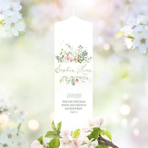 Taufkerze Junge Mädchen Blumen pastell personalisierbar bedruckt mit Namen Datum Taufspruch Taufgeschenk anpassbar, Taufkerze 25 x 7 cm