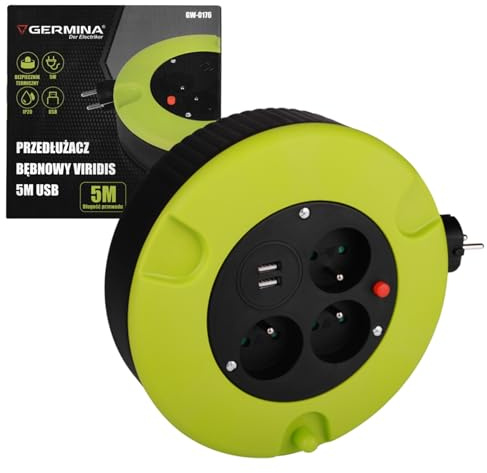 GERMINA DER ELECTRIKER Cable de extensión de carrete de jardín IP20 cable de 5 metros de grosor manivela de bobinado + 3 salidas + USB