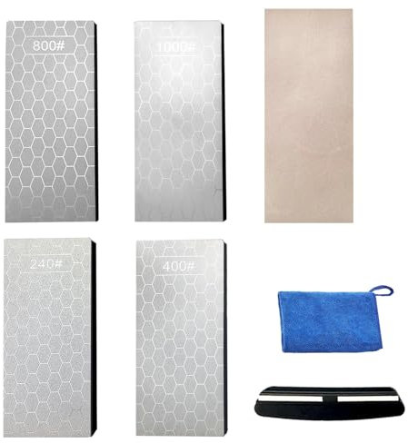 4 Pcs Diamond Sharpening Stone, 5.9×2.4×0.35 IN Diamond Sharpening Plate Honing Stone for Kitchen Sharpening Dull Knives Grindstone With Leather Strop, Angle Guide And Towel (SET-A)