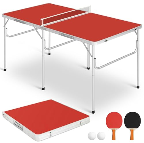 REAHOISY Mid-Size Portable Ping Pong Table, Compact Foldable Table Tennis Table Set w/Net, 2 Paddles & 2 Balls for Indoor Outdoor, Small Spaces and Apartments, Thickened Aluminum Frame (Red)