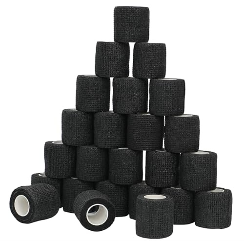 Outchoo 24 Pack Self Adhesive Bandage Wrap - 2 X 5 Yards Cohesive Bandage Wrap for Ankle, Knee, Wrist Support – Lightweight, Breathable, Stretchy, No Stick to Hair (Black)