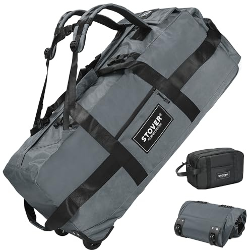 STOVER Bolsa de viaje con ruedas de 80 litros, extra grande de 31 pulgadas, duradera, resistente, plegable, con correas para el hombro, uso como equipaje o mochila para hombres y mujeres (gris), Gris,