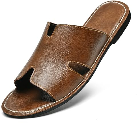 SEDFGLS Men's Genuine Leather Flat Slides Sandals Summer Classic Round Open Toe Slip On Softsole Male Sandals for Beach Walking Slides (Brown,10)