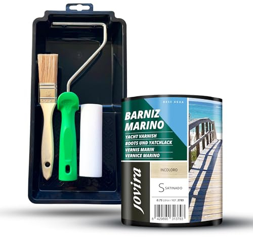 JOVIRA PINTURAS Barniz Marino al agua y Kit con Minicubeta, Rodillo de Espuma, Varilla y Paletina. (750 Mililitros, Satinado + Kit Barniz)