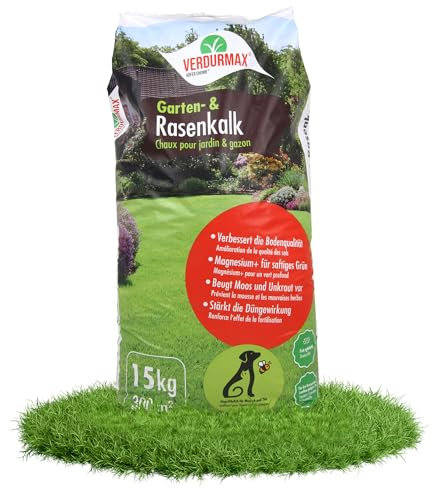 Verdurmax 15 kg Garten- und Rasenkalk - Moos & Unkraut entfernen - pH-Wert Optimierung - Kalkdünger mit Magnesium für sattes Grün - Verbessert Nährstoffaufnahme von Gras und Pflanzen