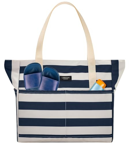 LARKSON Bolsa De Playa Mujer Hombre Azul - Linn - Tote Bag Grande Para Vacaciones, Deportes, Viajes - Bolso Shopper Con Cremallera