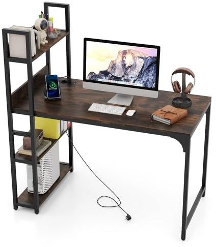 COSTWAY Escritorio de Computadora con Regleta de Energía, Mesa para Ordenador con Estante para Oficina, Enchufes de CA, Puerto USB A, Puerto Tipo C y Estructura Metálica, 120 x 65 x 130 cm (café)