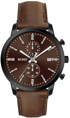 BUREI Herrenuhr Chronograph 44mm – Retro Armbanduhr Herren mit großem Zifferblatt & Lederarmband | Business, Casual, Sport | wasserdicht | Geschenk für Männer