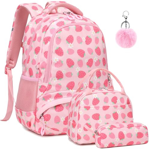 Kimwadalh flickor ryggsäck set för grundskola väska student ryggsäckar set tonåring bokväska ryggsäck, Snöre jordgubbe rosa