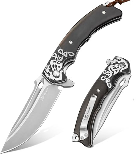 LOTHAR RHAEGAL Klappmesser, 8.9CM 14C28N Stahl Taschenmesser | EDC Messer mit Holzgriff, Gürtelclip, Ideal für Sammlung oder Geschenk (Ebenholz)