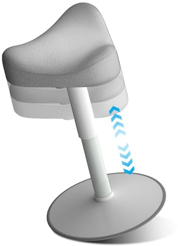 Tabouret Assis–Debout Ergonomique, Tabouret de Bureau Hauteur Réglable 47–65 cm, Siège Actif Oscillant avec Effet Bascule, Base Antidérapante, Chaise Haute Bureau 360° Pivotant, Max 140kg. Gris Clair