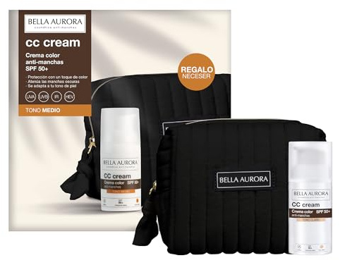 Bella Aurora I CC Cream Crema Color Anti-Manchas SPF 50+ | Protección Alta con Toque de Color Adaptable | Atenúa Manchas Oscuras | Tono Medio | Regalo Neceser Negro | 30 ml