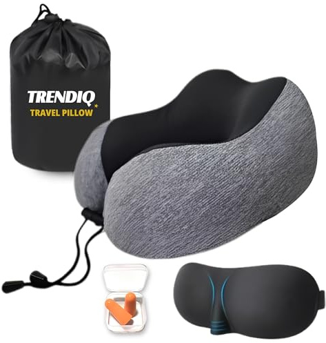 TRENDIQ Travel Pillow for Airplane- Premium Memory Foam with 100% Pure Cotton Cover Neck Pillow for Travel- Adjustable U-Shaped Flight Pillow with Eye Mask, Ear Plugs, Carry Bag & Carabiner Clip