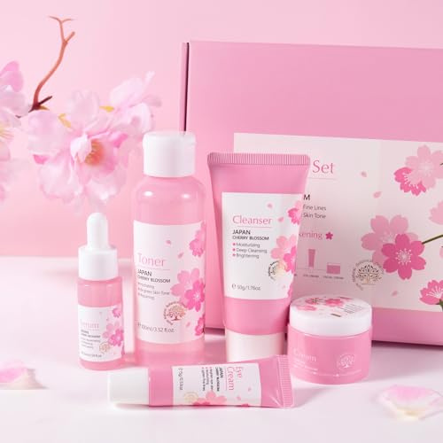 BeauBase Set de Cuidado de la Piel Sakura, 5 Piezas Set Cuidado Facial Adolescente, Kit de Viaje Skincare con Limpiador Tónico Suero Contorno de Ojos Crema Esencia, para Adolescentes y Mujeres