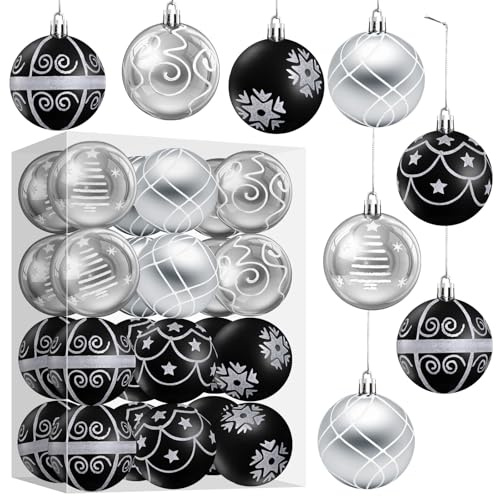 LIHAO Weihnachtskugeln 24 Stück Schwarz Silber 6 cm Christbaumschmuck aus Kunststoff mit 6 Designs für Weihnachtsbaum Deko Wohnzimmer Party Festliche Dekoration