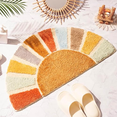 Calkkrer Boho Sonnenaufgang Badezimmer Teppich, Halbkreis Badematte Niedlich, Sonnen Badematten, Retro Boho Bad Deko Zuhause, Bunt Halbrund Dusch Teppich 40 * 76cm