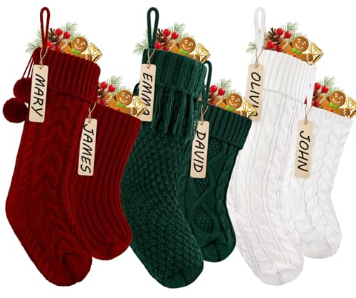 JOLCEEY 6 Pack Knitted Christmas Stockings, Red Green White Large Knitted Xmas Hanging Stockings Decorations with Name Tags for Christmas Family Fireplace Decorations Socks