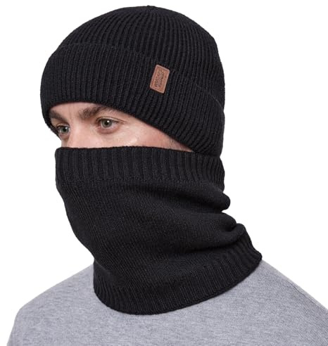 Wmcaps Wintermütze Schal Set für Herren Damen, mit Fleece Gefütterte Strickmütze und Halswärmer Weich Warm Thermische Accessoires für Kaltes Wetter Unisex Geschenk für Männer Frauen, Schwarz