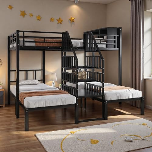 Wyibwy Letto a soppalco 3 posti (2*90x200 e 1*140x200), letto a castello superiore con contenitore, metallo struttura del letto per bambini con scale con ringhiere, barriere, senza materasso, nero