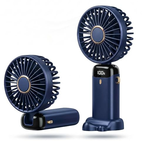 HomlyPro Portable Handheld Fan Rechargeable 5000mAh Battery, USB Mini Desk Fan with LED Display, 5 Speeds, 90° Adjustable Foldable for Home, Office, Outdoor, Travel (Dark Blue)
