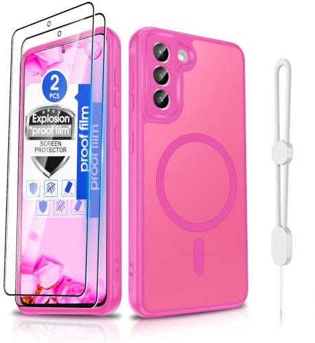 Dizn Coque magnétique pour Samsung Galaxy S21 Plus 5G : 2 films de protection d'écran, protecteur d'objectif, pour MagSafe, bande mate translucide, anneau magnétique intégré, rose rouge