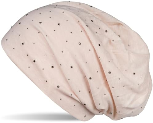 styleBREAKER Damen Beanie Mütze mit edler Strass-Nieten Applikation, Longbeanie Slouch 04024037, Creme-Beige