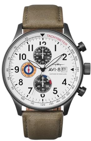 AVI-8 Herren 42mm Hawker Hurricane Classic Chronograph Ivory Grayscale Japanische Quarz-Fliegeruhr mit Lederarmband AV-4011-0B