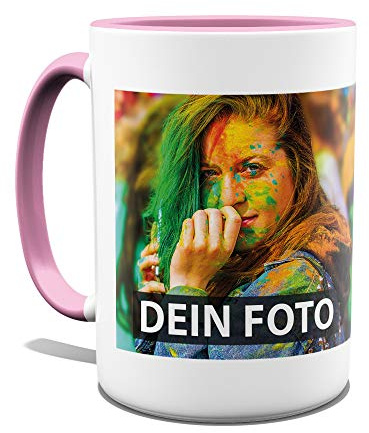 Tasse selbst individuell gestalten/Personalisierbar mit eigenem Foto bedrucken/Fototasse/Motivtasse/Werbetasse/Firmentasse mit Logo/Hohe Tasse - Innen & Henkel Rosa