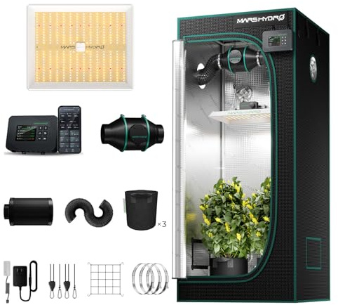 MARS HYDRO 3x3 Grow Tent Kit Complete System,150W TS1000 LED Programmable&Dimmable Grow Light, 32x32x63 1680D High Reflective Mylar Grow System with 4inch Smart WiFi Control Ventilation System