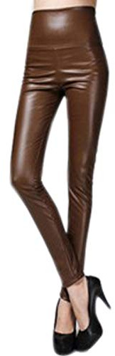 Cicilin Femme Leggings en Similicuir Taille Haute Elastique Sexy Pantalon Collant Mince Stretch Slim Brillant Basique Pantalon Moulante Marron M