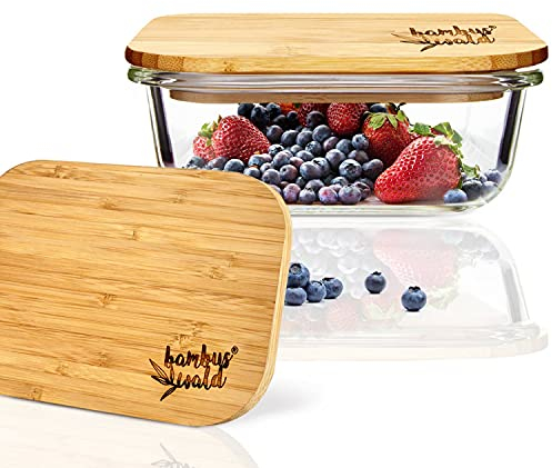 bambuswald© Frischhaltedose aus Glas mit 370ml - Glasbehälter mit Deckel aus ökologischen Bambus - Glasschale Backofen geeignet - Glasschüssel Glasdose Vorratsdosen
