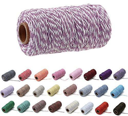 1 Roll 2mm 109 Yard Colourful Cotton Cord Bakers Twine DIY Crafts Gift Wrapping Christmas Wedding Home Decor String Rope (Light Purple+White)