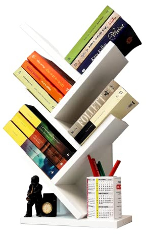 Henor Holzregal Tischregal Mod. Baum Bücherbord Bibliothek Schreibtisch-Organizer Dekoration 30 x 61 x 18 cm Weiß