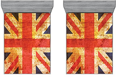 ABAKUHAUS England 2er-Satz Spannbetttuch, Union Jack Motiv Grunge, Soft Dekorativer Stoff Bettwäsche Rund-um Elastischer Gummizug, 150 cm x 190 cm,Night Blue Vermilion