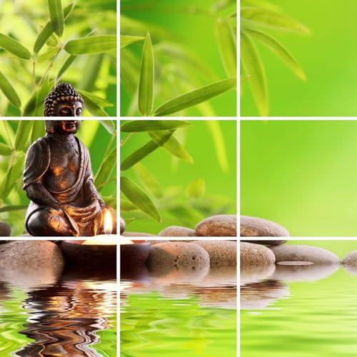 FOLIESEN Fliesenaufkleber - Deko-Bild für Bad, Küche, Badezimmer - Dekoration Fliesen-Bild selbstklebend - Buddha Zen Garten, 15x15 cm - 45x45 cm / 9-tlg.