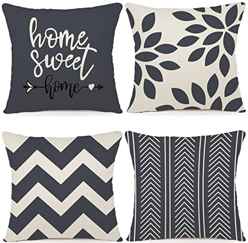 ZWJD Kissenbezug 40x40 4er Set Dekokissen Kissenbezüge Dekoration Outdoor Kissenbezüge Leinen Dekokissen für Schlafzimmer, Sofa, Stuhl, Bett, Garten (40 x 40 cm,Schwarzgrau)