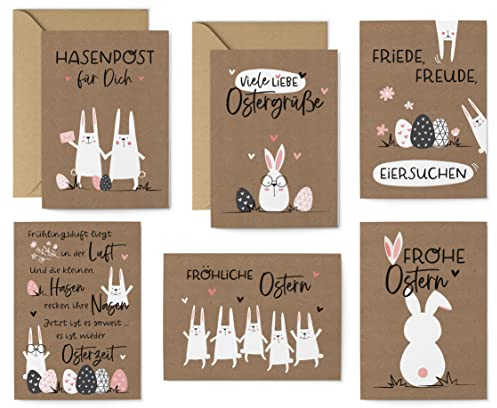 KuschelICH Osterkarten-Set 16 Teile - 8 Postkarten, 4 Klappkarten, 4 Kraftpapierumschläge - 6 unterschiedliche Motive je 2 Stück