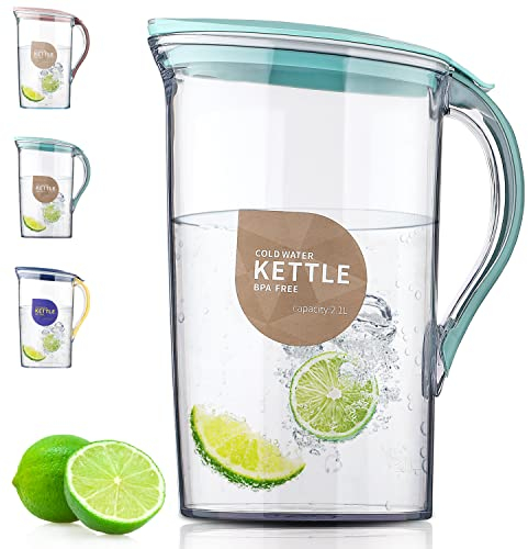 Berglander Jarra de agua de la puerta del refrigerador con tapa 2.1L perfecta para hacer té, jugo y bebida fría, jarra de fibra de vidrio clara libre de BPA