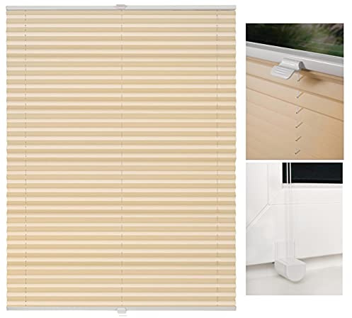 metablo Plissee nach Maß Klemmfix-Plissee ohne Bohren Blickdicht Lichtdurchlässig inklusive Klemmträger Plisseerollo für Fenster und Tür Sichtschutz Beige B: 121-130 cm, H: 151-200 cm