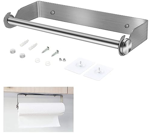 KARBAG Self Adhesive Kitchen Paper Towel Holder, No Drilling Paper Towel Roll Holder Under Cabinet Wall Mounted Towel Roll Hanger Kitchen Roll Holder for Home Kitchen(304 Stainless Steel Brushed)