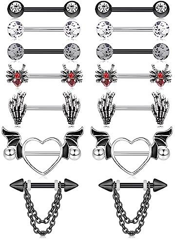 Fansilver 7 Pairs 14G Nipple Rings Surgical Steel Nipple Piercing CZ Heart Butterfly Barbell Tongue Rings Set Cute Nipple Tongue Piercing Jewelry for Women