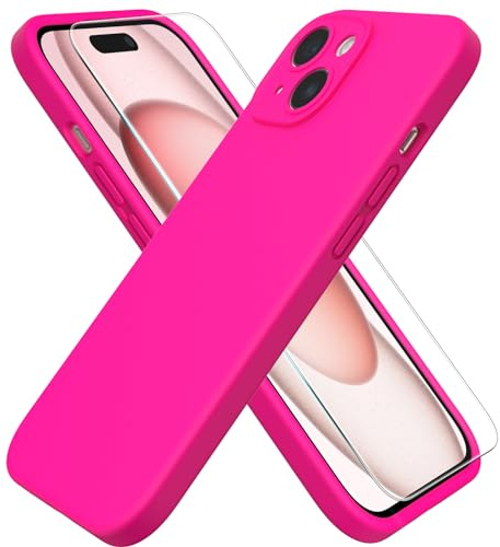 ACRONIX Coque pour iPhone 15, Silicone Liquide Souple avec 1 Verre Trempé | Fluo Rouge,6.1,Protection 360 Degré,Antichoc,Bords Surélevés Écran Caméra,Anti-Rayures,Toucher Doux,Doublure Microfibre