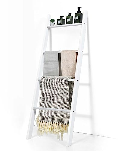LIFEZEAL Scaffale per Coperta, Portasciugamani da Terra, Porta Salviette, Sciarpe, Tappeti, Vestiti, Scala a 4 Ripiani da Appoggiare, per Bagno, Cucina, in Legno di Pino, Max 80kg, 51x8x137cm (bianco)