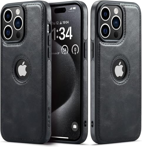 Sibada Leder Hülle für iPhone 15 Pro Handyhüllen Logo Sichtbar Premium Leder Klassisch Luxus Elegant Dünn iPhone 15pro Cover (2023) 6.1 - Schwarz