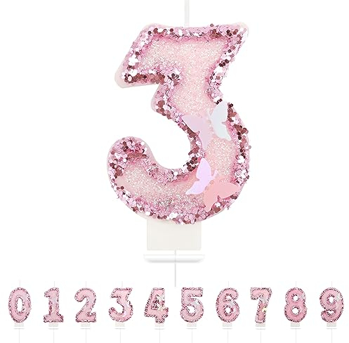 Velas de Cumpleaños 3D de Mariposa Con Números 3, Rosas - Decoración para Tartas y Cumpleaños