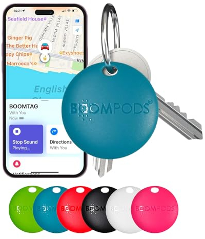 Boompods Boomtag Schlüsselfinder - Smart Tag Wallet Finder, Mini GPS Tracker Bluetooth kompatibel mit Apple Wo ist? App, Schlüssel- & Gegenstandsfinder für Schlüssel, Koffer, Kinder und Hund, Blau
